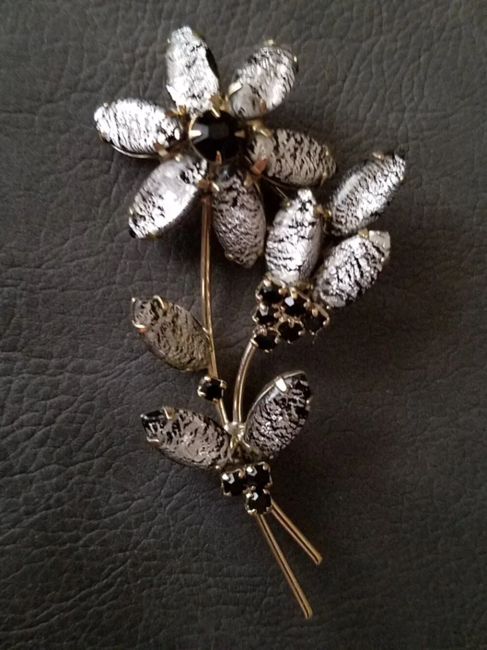 Vintage Black Foil Glass and Black Rhinestone Floral Brooch